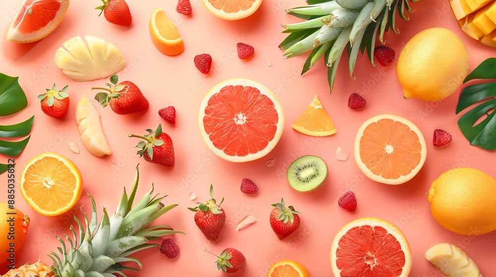 Top view of delicious fresh fruits isolated on pastel background Top view of delicious fresh fruits isolated on pastel background