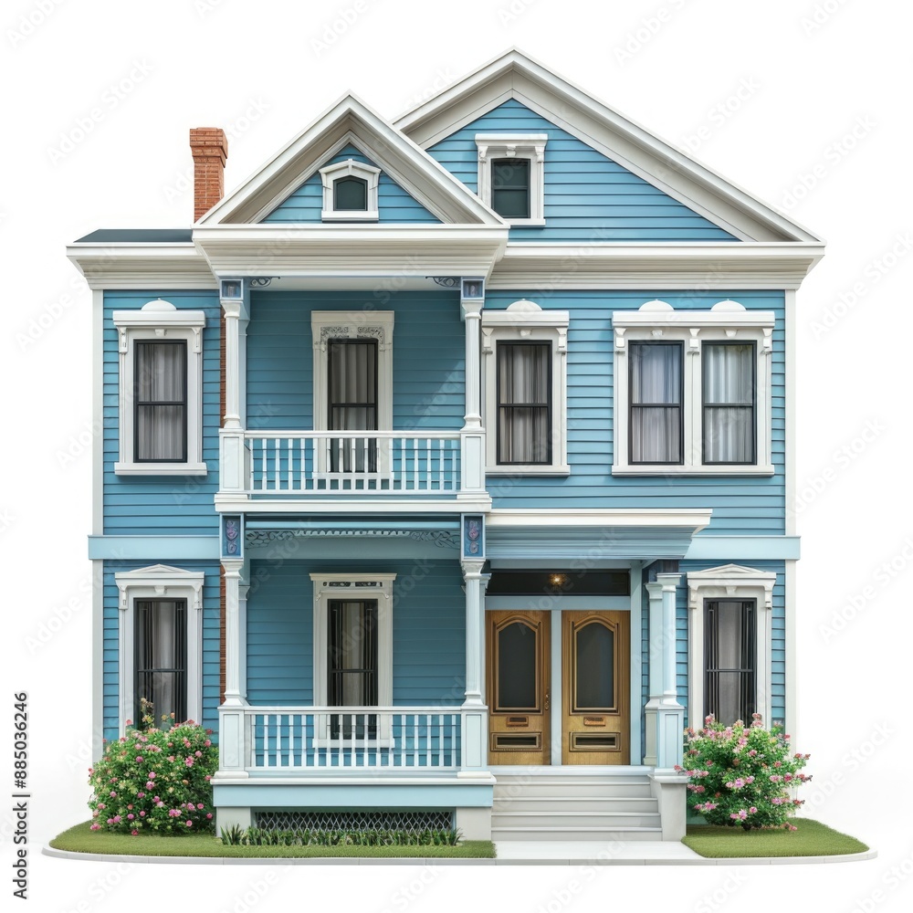 Colonial Duplex House in Photo Realistic Style Isolated on White Background Colonial Duplex House in Photo Realistic Style Isolated on White Background
