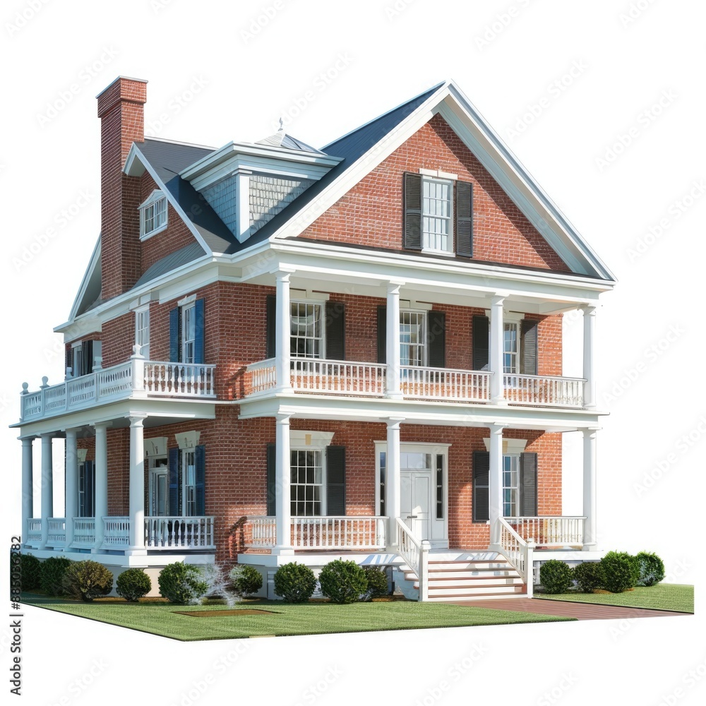Colonial Style Duplex House in Photorealistic Detail on White Background Colonial Style Duplex House in Photorealistic Detail on White Background
