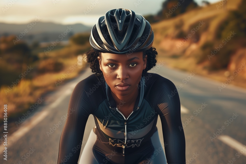 Close-up of a focused cyclist wearing a helmet while riding on a picturesque road during golden hour. Close-up of a focused cyclist wearing a helmet while riding on a picturesque road during golden hour.