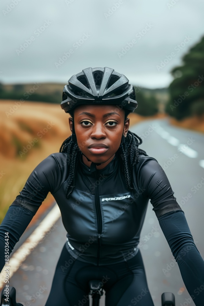 Focused cyclist rides in rainy weather on a country road, embodying endurance and determination in the face of nature. Focused cyclist rides in rainy weather on a country road, embodying endurance and determination in the face of nature.