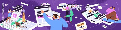 People surfing internet, find information using search system banner. Men and women do online research. Users browsing, look for smth on website with abstract magnifier. Flat vector illustration