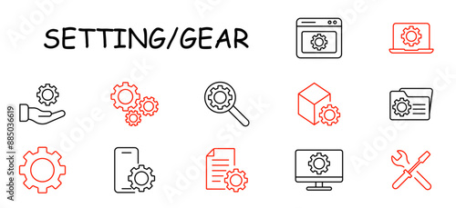 Setting gear set icon. Gear, hand, magnifying glass, computer, phone, wrench, folder, cube, software, tools, configuration, system.