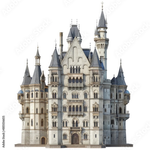 Majestic Gothic Revival Castle in Photo Realistic Style Isolated on White Background