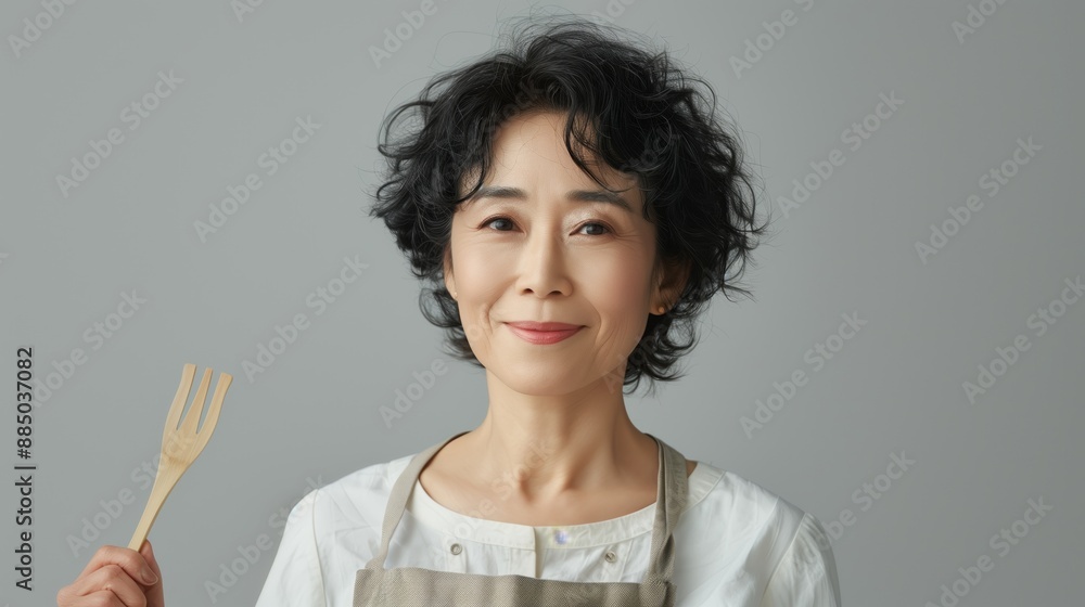 Middle-aged woman in apron holding wooden fork, smiling and posing against a gray background. Middle-aged woman in apron holding wooden fork, smiling and posing against a gray background.