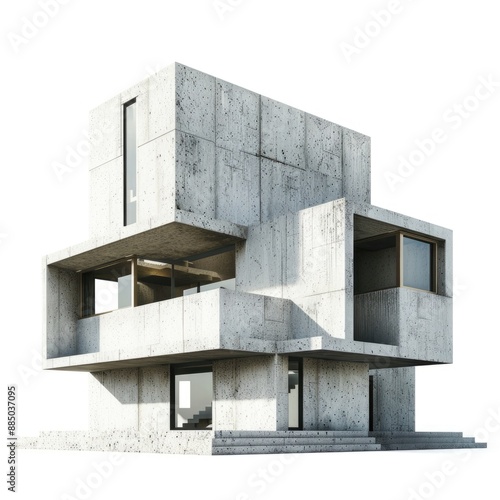 Modern Brutalist Concrete House - Architectural Realism on White Background