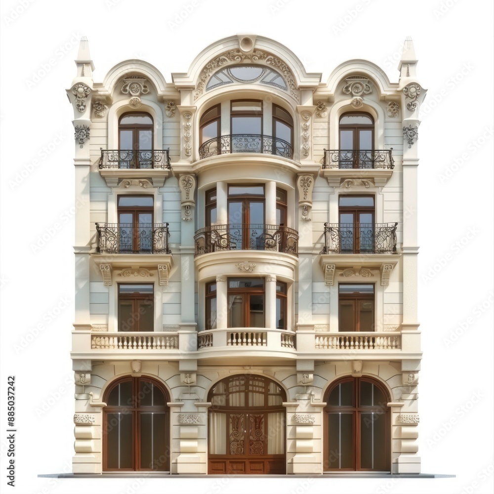 Art Nouveau Townhouse in Stunning Photo Realistic Detail on White Background Art Nouveau Townhouse in Stunning Photo Realistic Detail on White Background