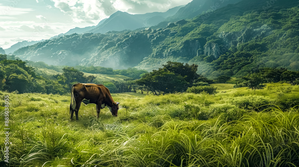 Brown cow grazing in a green meadow with mountains in the background Brown cow grazing in a green meadow with mountains in the background