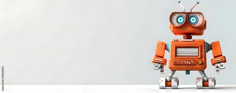 Fototapeta premium Cute orange robot with blue eyes standing in a minimalist setting. Perfect for tech, robotics, or AI-related content.