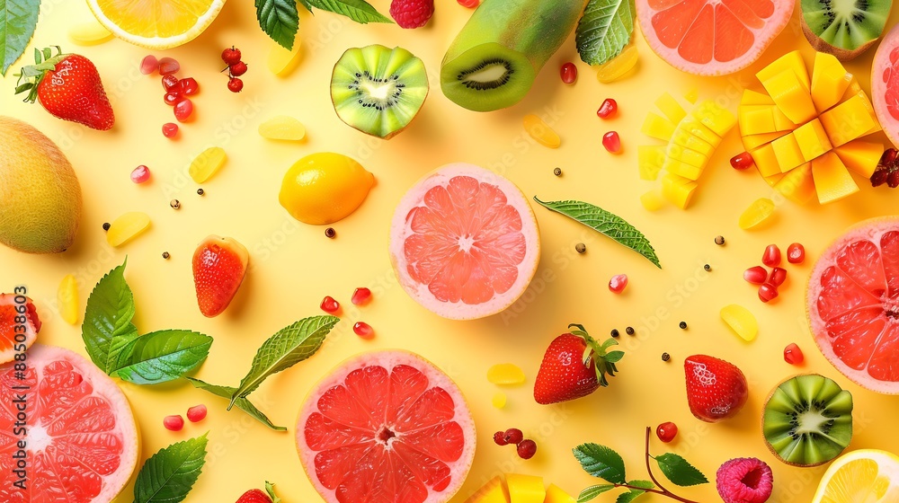 Top view of delicious fresh fruits isolated on pastel background Top view of delicious fresh fruits isolated on pastel background