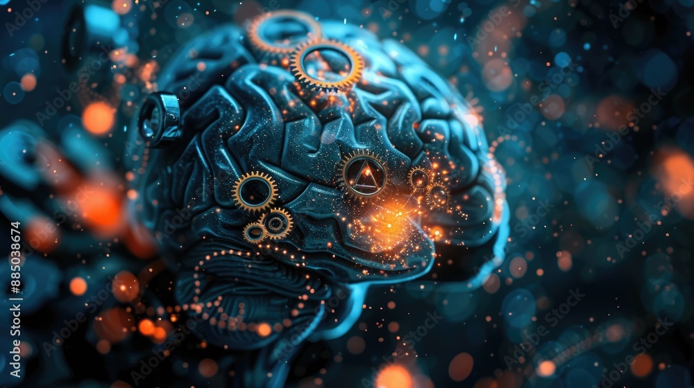 Gears Interlock Within a 3D Brain, Highlighting Collaborative Thought Gears Interlock Within a 3D Brain, Highlighting Collaborative Thought