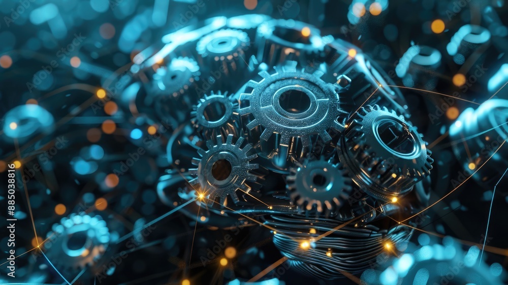 Obraz premium Interconnected Gears in 3D Brain Symbolize Collaborative Thought Process