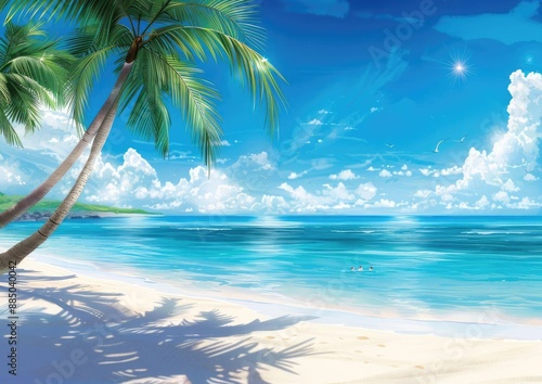 Tropical Paradise Summer Beach with Sunbathers and Palm Trees