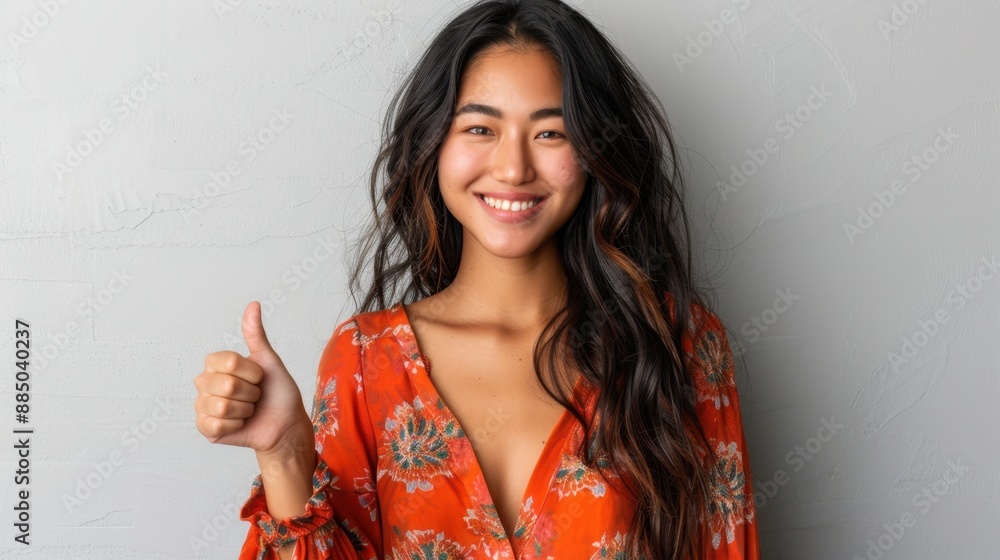 Smiling woman in floral dress giving a thumbs up, standing against a light grey background. Smiling woman in floral dress giving a thumbs up, standing against a light grey background.