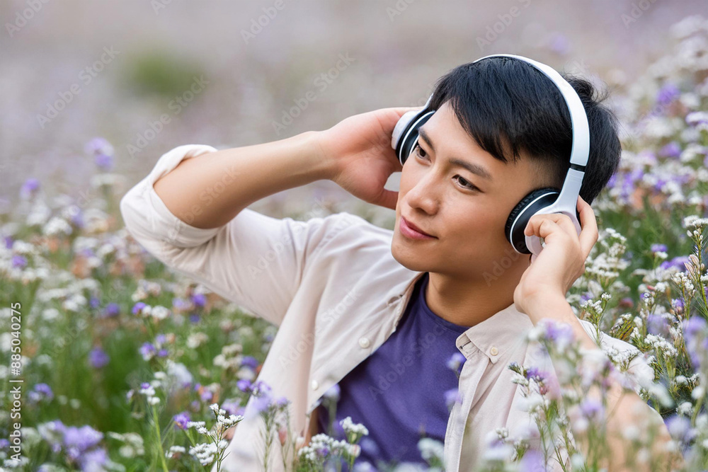 Asian young man enjoying music in headphones in meadow among meadow flowers Asian young man enjoying music in headphones in meadow among meadow flowers
