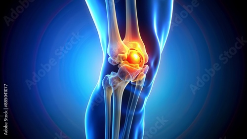 Illuminated 3D rendering of the human knee's lateral view, showcasing the patella, femur, tibia, and surrounding ligaments in precise detail. photo