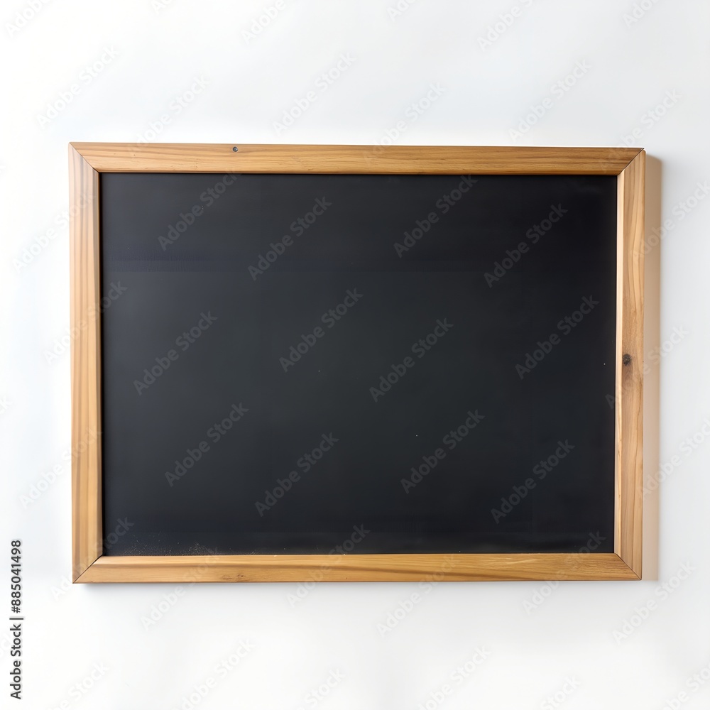 A woodenframed blackboard hangs on a white wall, serving as a display surface A woodenframed blackboard hangs on a white wall, serving as a display surface