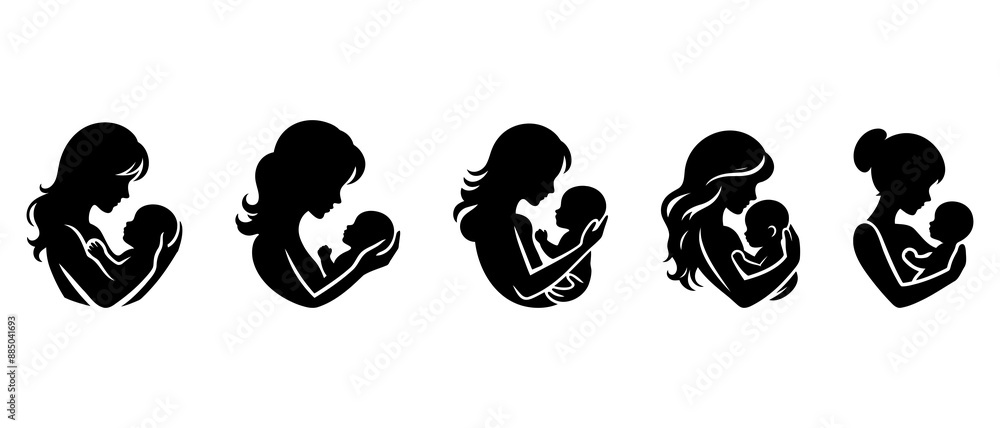 Fototapeta premium Breastfeeding silhouette vector. Mother feeding breast milk to baby black filled vector Illustration icon.