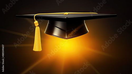 Black graduation cap with a gold tassel on a yellow light background. Suitable for graduation or academicthemed designs and promotions.