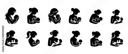 Silhouette of breastfeeding vector.  Mother feeding breast milk to baby black filled vector Illustration icon.