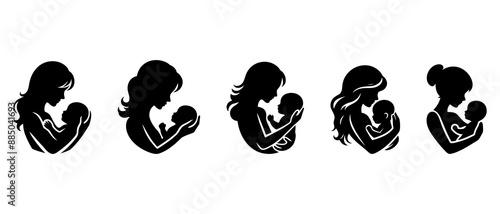 Breastfeeding silhouette vector.  Mother feeding breast milk to baby black filled vector Illustration icon.