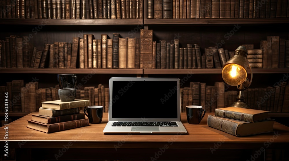 Wooden desk with books, laptop, lamp, coffee cups, and library background. Ideal for education, studying, work, and productivity concepts. Wooden desk with books, laptop, lamp, coffee cups, and library background. Ideal for education, studying, work, and productivity concepts.