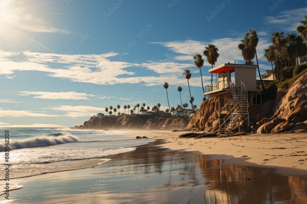 A lifeguard tower standing on a sunny beach.