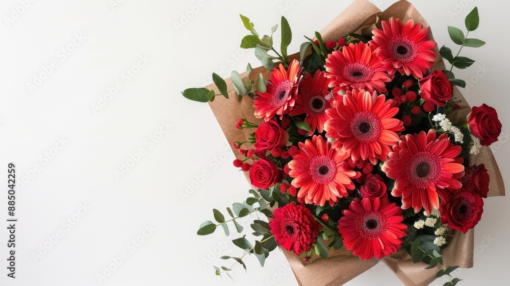 Top view of a big bunch of red gerberas and roses in a brown packaging on white backdrop with room for text for celebrations