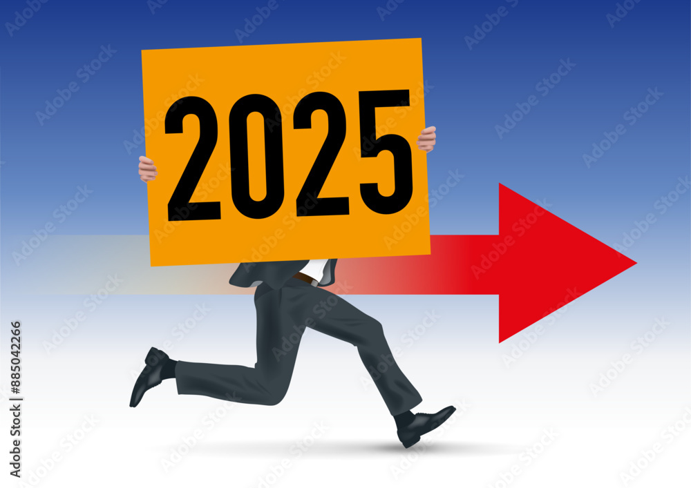 Pour présenter la future stratégie d’une entreprise, un homme d’affaires court en portant une pancarte blanche
sur laquelle est écrit 2025. Pour présenter la future stratégie d’une entreprise, un homme d’affaires court en portant une pancarte blanche
sur laquelle est écrit 2025.