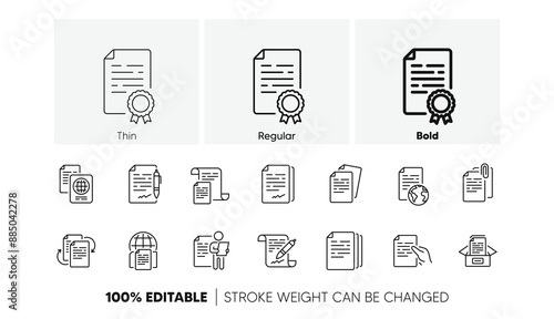 Copy files, Contract agreement, Passport. Documents line icons set. CV interview, documents workflow, attachment clip icons. Change files, bureaucracy and contract signature. Line icons set. Vector