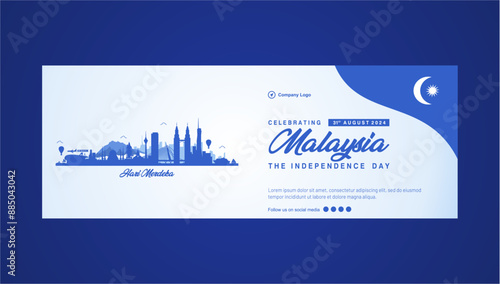 Simple Elegant 67th Malaysia Independence Day 2024 Template with Exclusive Landmarks Illustration and Moon-Star Symbol. Best for Malaysia's Day, National Day, Hari Merdeka Day. 
