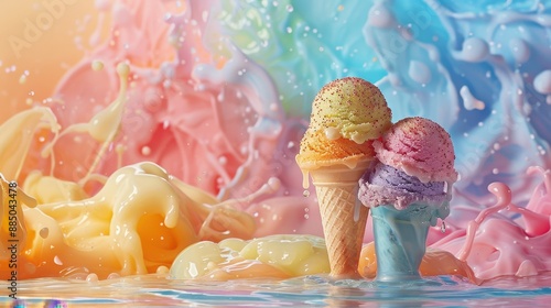 A photo of rainbow sherbet ice cream, set against a bright, playful background