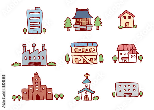手描きのゆるくかわいい建物のイラスト