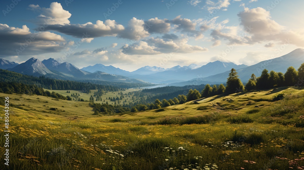 A panoramic countryside landscape with towering mountains. A panoramic countryside landscape with towering mountains.