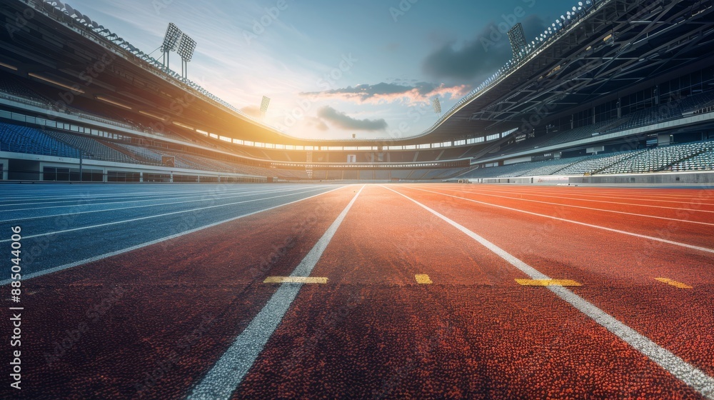 Empty running track in professional stadium. Ideal for sports apparel, footwear, and equipment brands. Empty running track in professional stadium. Ideal for sports apparel, footwear, and equipment brands.