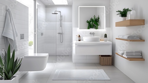 A bright and airy small bathroom featuring a skylight bathing the interior in natural light. White subway tiles with dark grout create a timeless backdrop for a compact floating vanity with open