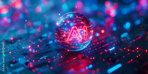 A round ball with AI text is one example of the use of artificial intelligence banner technology based on data science and innovation in Internet cyberspace.