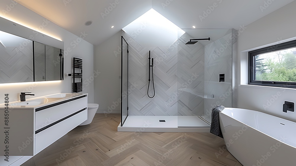 Modern bathroom remodel with herringbone tile pattern, wall-mounted sink, corner glass shower, matte black fixtures, innovative storage solutions, minimalist aesthetic, illuminated by skylight, Modern bathroom remodel with herringbone tile pattern, wall-mounted sink, corner glass shower, matte black fixtures, innovative storage solutions, minimalist aesthetic, illuminated by skylight,