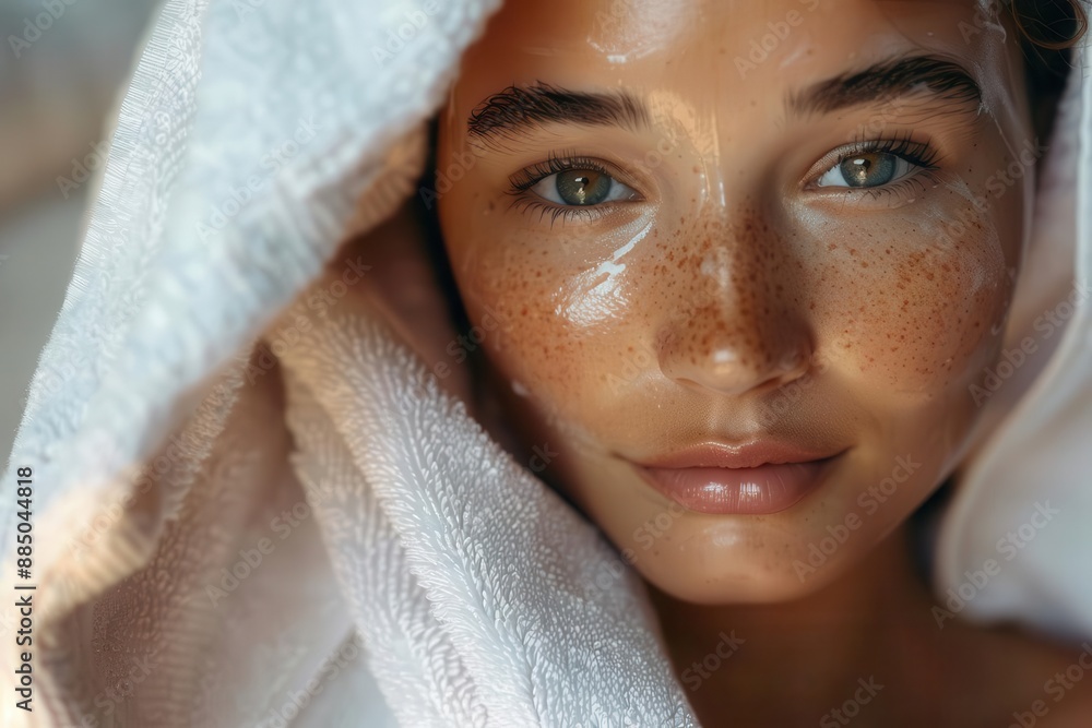closeup portrait of a radiant woman with glowing skin her face partially wrapped in a white towel exudes serenity soft focus highlights her natural beauty and the essence of selfcare closeup portrait of a radiant woman with glowing skin her face partially wrapped in a white towel exudes serenity soft focus highlights her natural beauty and the essence of selfcare
