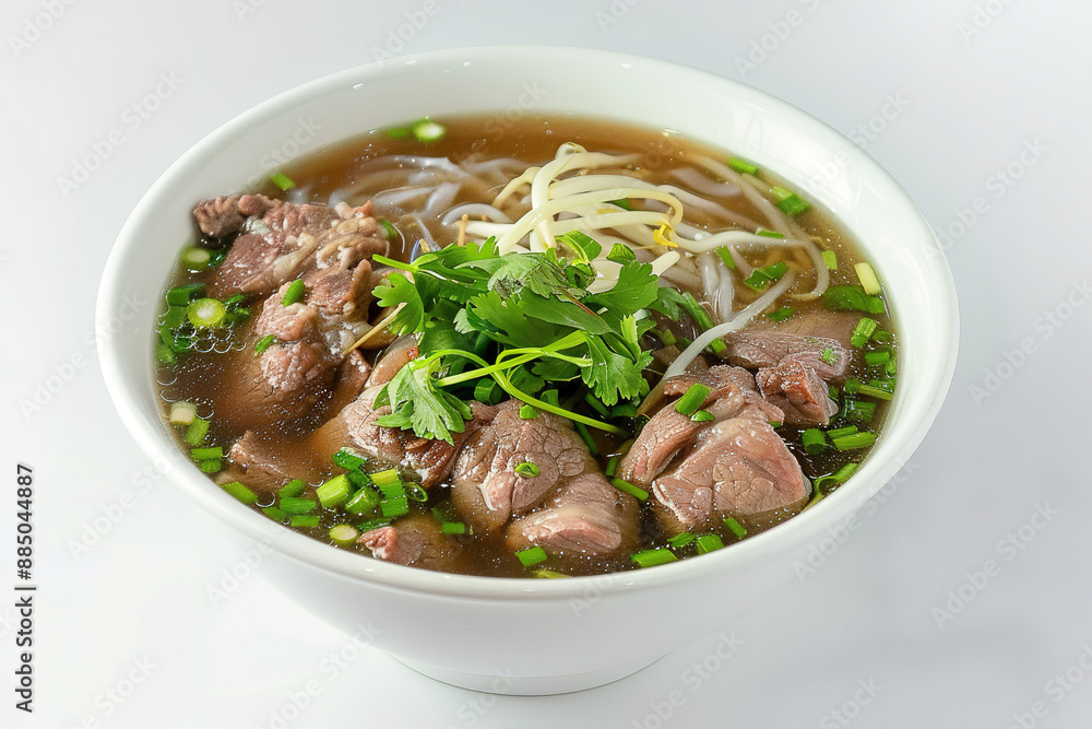 top view of Vietnamese pho bowl with hot broth and beef. Concept Vietnamese Cuisine, with empty copy space, with plain background, Food restaurant advertising top view of Vietnamese pho bowl with hot broth and beef. Concept Vietnamese Cuisine, with empty copy space, with plain background, Food restaurant advertising