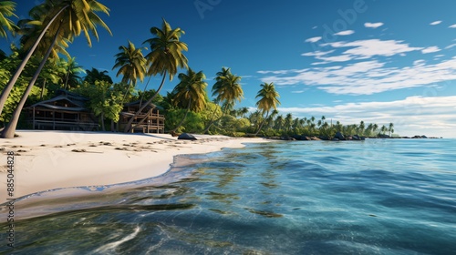 Tropical beach with palm trees and clear blue water under a sunny sky.