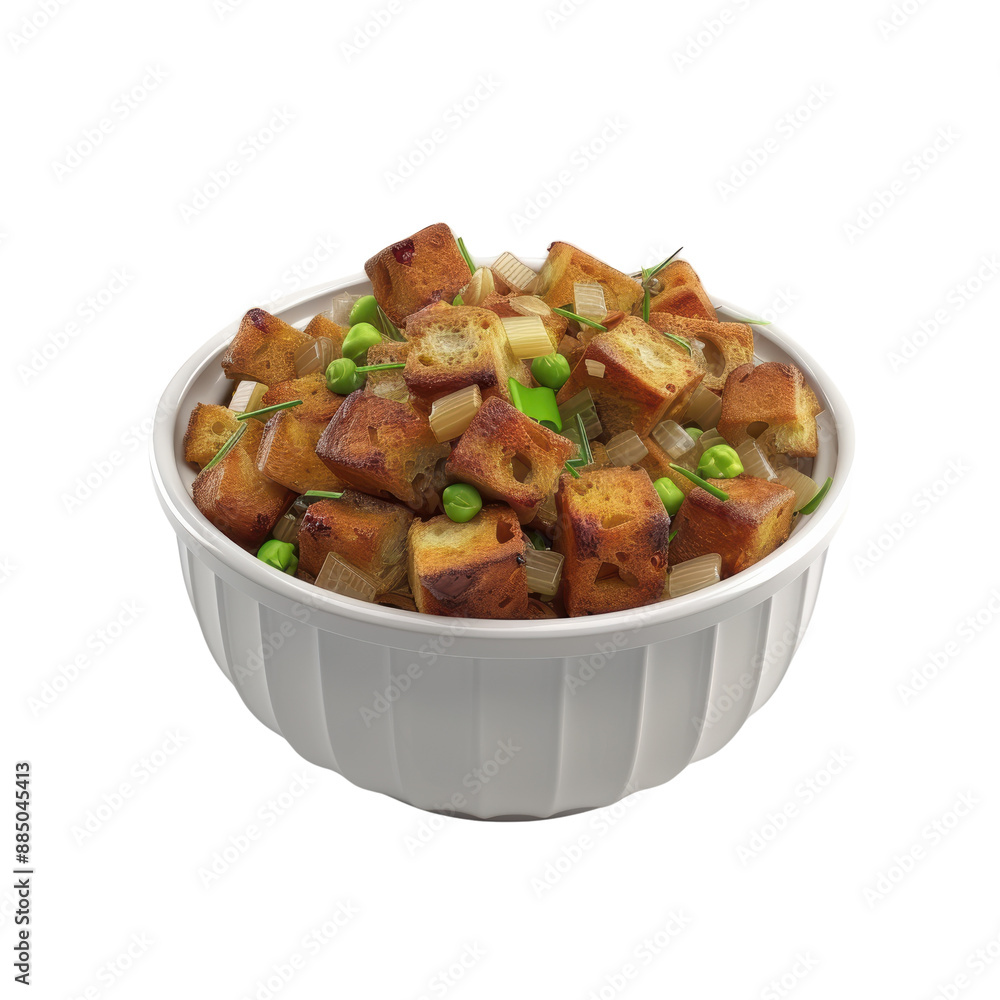A bowl of savory stuffing with crispy cubes and green peas. A bowl of savory stuffing with crispy cubes and green peas.