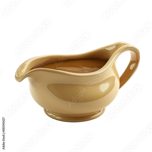 A ceramic gravy boat filled with a rich, brown gravy.  The boat is isolated on a white background. photo