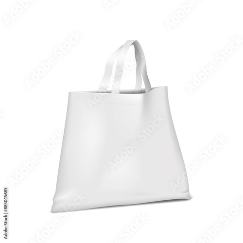 Reusable shopping bag with handles. 3d mockup. White grocery tote bag. Realistic vector mock-up. Fabric shopper. Template for design