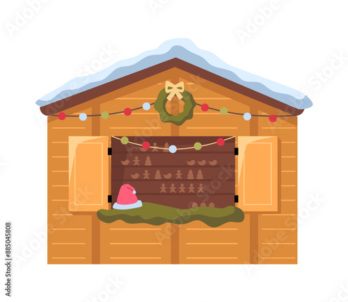 New Year kiosk with chocolate candies, wooden stall with snow on roof, Christmas holidays small shop on market. Vector wooden chalet with Santa Clause hat, garland and balloons for holidays decoration