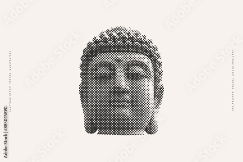 Buddha head with halftone effect. Monochrome image of a Buddhist god.