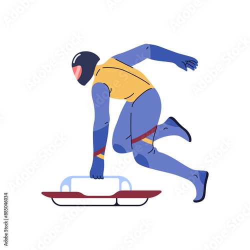 Skeleton olympic sports and challenge for sportsmen. Isolated personage wearing protective suit ready to perform. Athletic and winter sportive events. Vector cartoon character in flat style