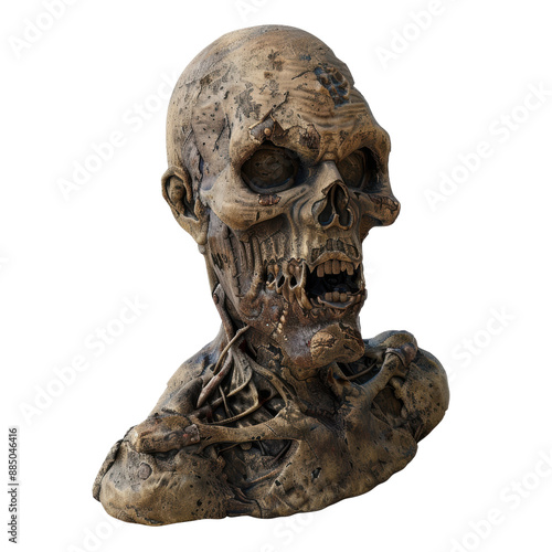 A detailed, grotesque depiction of a decaying zombie head with exposed bones and flesh.