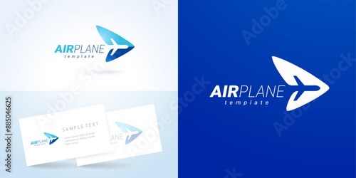 Airplane logo fly takeoff plane action silhouette curves vector blue background