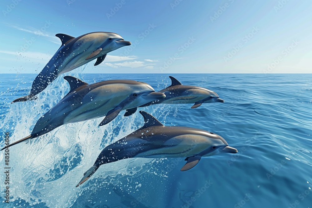Naklejka premium A group of dolphins leaping out of the crystal-clear ocean, their sleek bodies glistening in the sunlight against a backdrop of deep blue water and a cloudless sky.